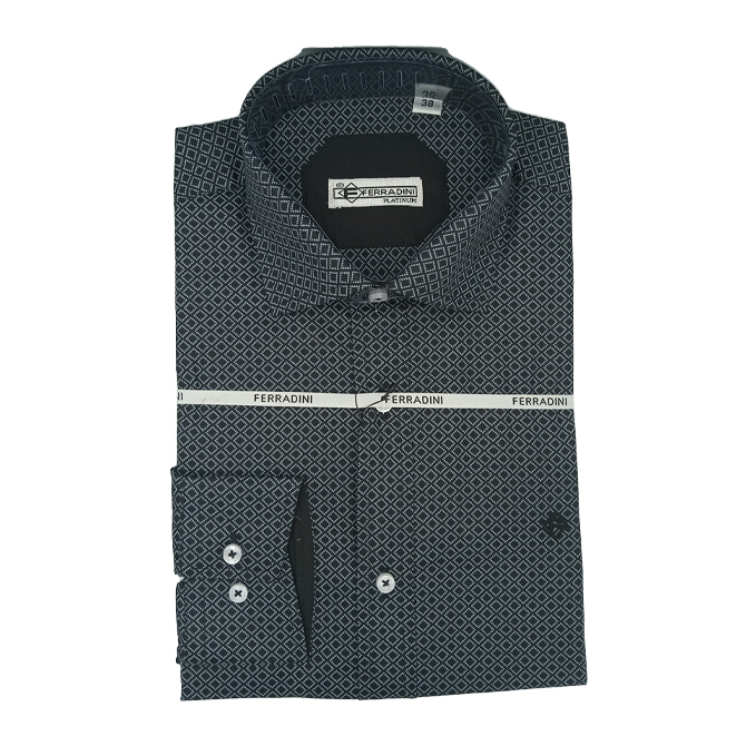 A dark grey Ferradini men's formal shirt displayed on a plain background, showcasing its sleek design and elegant fabric texture.